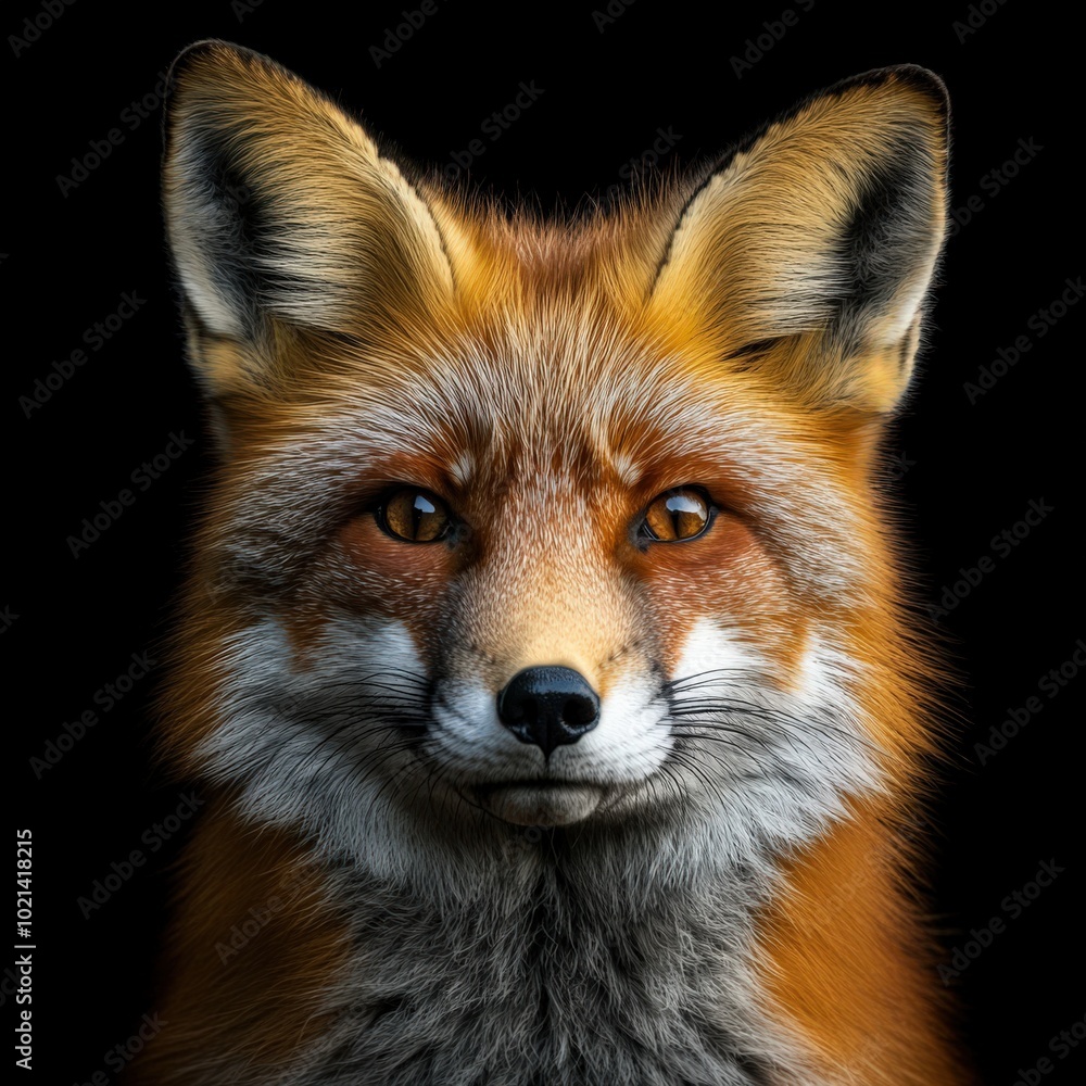 Fox Face. Red Chestnut Fox Isolated on Black Background. Wild Animal Predator Fox Face. Red Chestnut Fox Isolated on Black Background. Wild Animal Predator