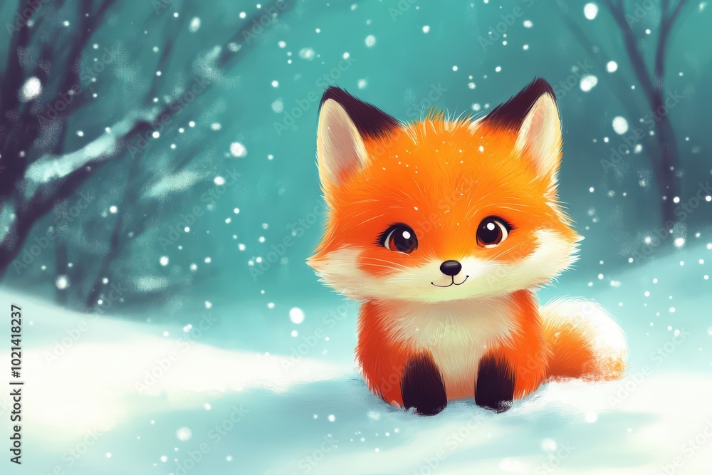 Fototapeta premium Fox Baby. Fantasy Red Fox Cub in Cute Winter Christmas Scene