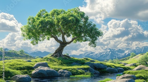 3D rendering of an imaginative landscape featuring a tree