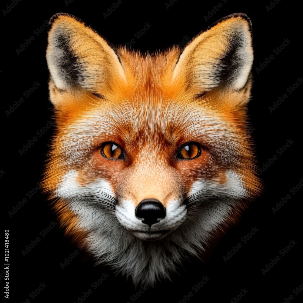 Fototapeta premium Fox Face. Red fox on Black Background. Wild Animal Predator Muzzle