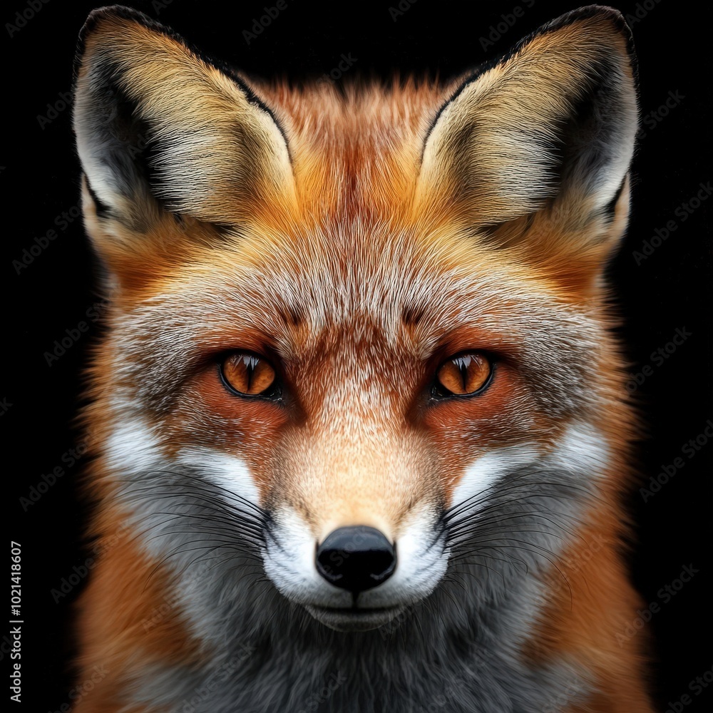 Fototapeta premium Fox Face. Red Chestnut Fox Isolated on Black Background, Wild Predator