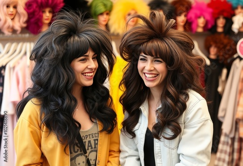 Two friends chuckling as they try on outrageous wigs at a costum photo