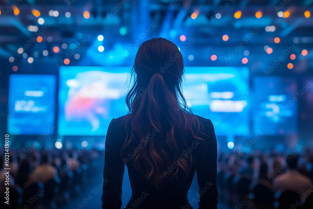 Naklejka premium Back view of a woman standing in a large conference hall, itently watching a presentation on giant digital screens.