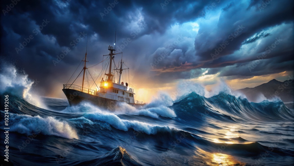 Obraz premium A weathered ship braves the tumultuous waves of a stormy ocean, illuminated by a golden glow of the setting sun.