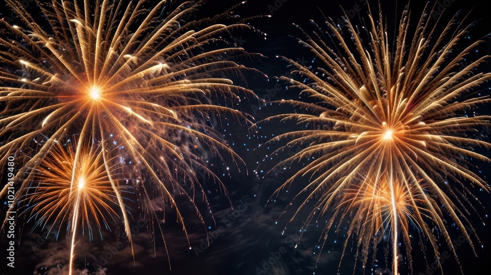 Fototapeta premium A vibrant display of fireworks explodes in the night sky, creating a stunning spectacle of light and color.
