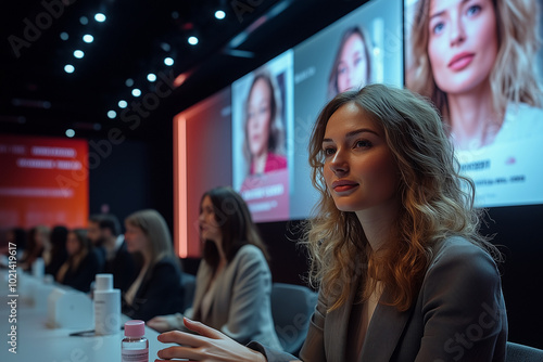 Beautiful woman at a presentation about new cosmetics and anti-aging medicine at congress at conference hall.