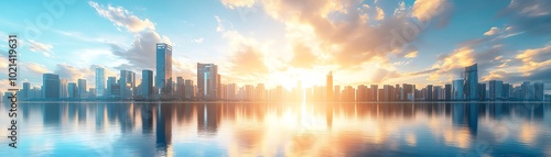 Stunning skyline at sunrise, reflecting on tranquil water. A perfect blend of nature and urban beauty.