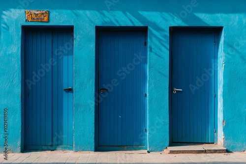 Three blue doors on a bright blue wall symbolize opportunity, choice, and new beginnings. The doors, with their simple design, suggest a sense of hope and promise, inviting the viewer to consider what