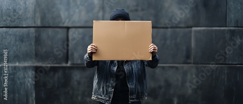 A person holding a blank cardboard sign in front of a textured wall, symbolizing anonymity or the possibility of messaging.