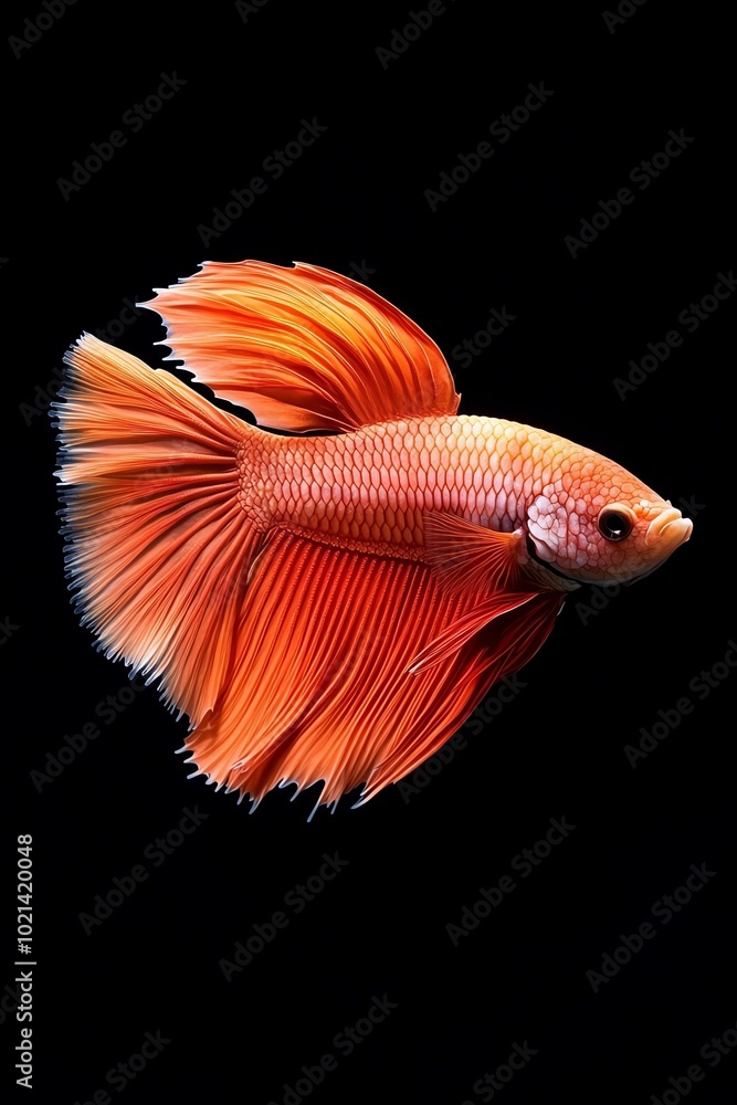 A vibrant orange betta fish elegantly swimming against a black background, showcasing its flowing fins and graceful movement. A vibrant orange betta fish elegantly swimming against a black background, showcasing its flowing fins and graceful movement.