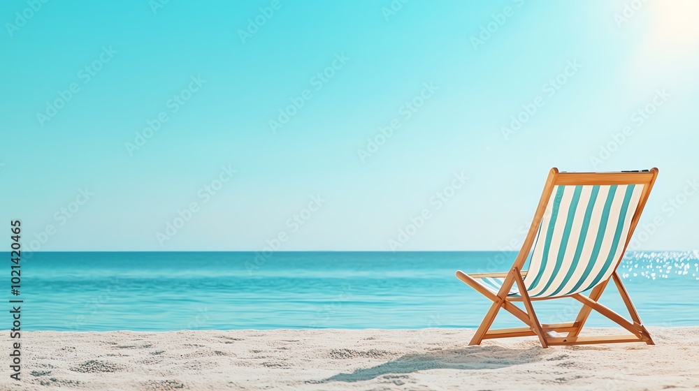Relaxing beach scene with a striped deck chair facing calm ocean waters under a clear blue sky. Relaxing beach scene with a striped deck chair facing calm ocean waters under a clear blue sky.