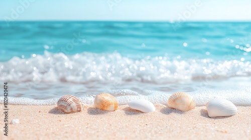 Beautiful sea shells on a sandy beach with gentle waves in the background, evoking a serene and tranquil coastal atmosphere.