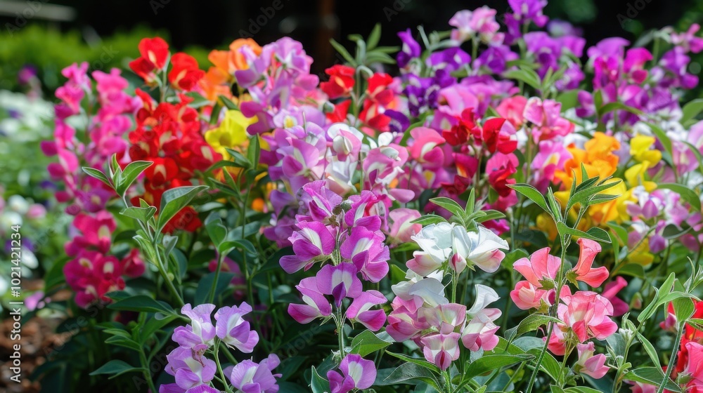 A vibrant flower bed of blooming sweet peas in multiple colors, including red, pink, purple, and orange, growing in a lush garden, showcasing their delicate petals and vibrant hues
A vibrant flower bed of blooming sweet peas in multiple colors, including red, pink, purple, and orange, growing in a lush garden, showcasing their delicate petals and vibrant hues