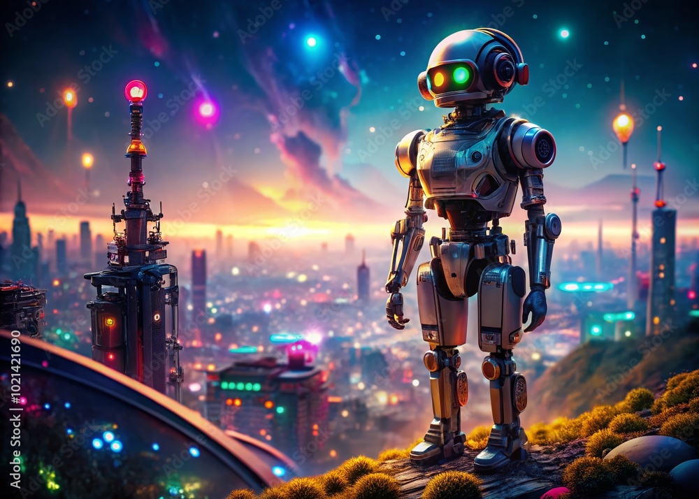 Futuristic Robot Exploring a Sci-Fi Landscape with Advanced Technology and Neon Lights at Night Futuristic Robot Exploring a Sci-Fi Landscape with Advanced Technology and Neon Lights at Night