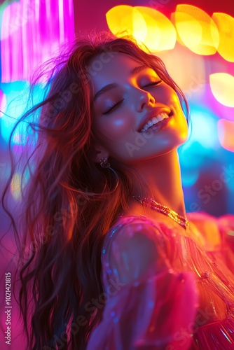 A joyful woman enjoys vibrant neon lights, exuding confidence and happiness in a colorful nightlife setting.