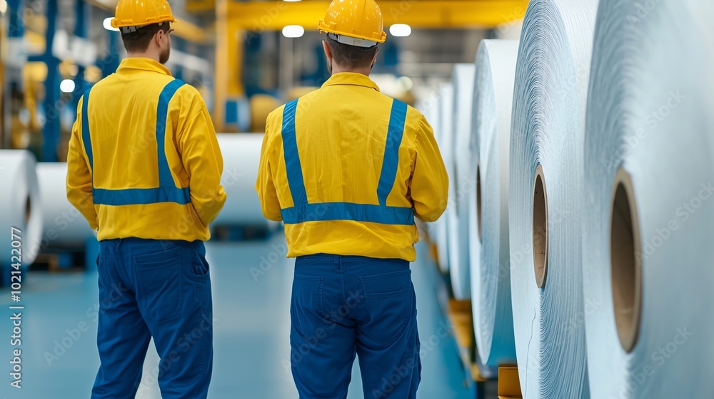 Workers in a textile factory inspecting fabric rolls for quality, bright industrial lighting, sideangle view Workers in a textile factory inspecting fabric rolls for quality, bright industrial lighting, sideangle view