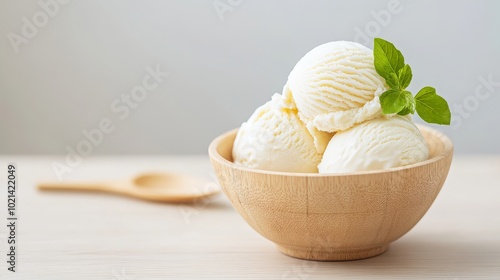 Two scoops of ice cream in a bowl, rustic charm, natural lighting