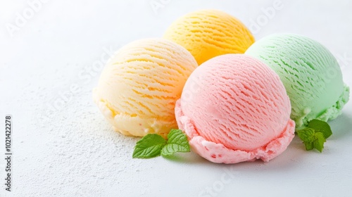 Triple scoops of colorful ice cream, vibrant and fresh, close-up
