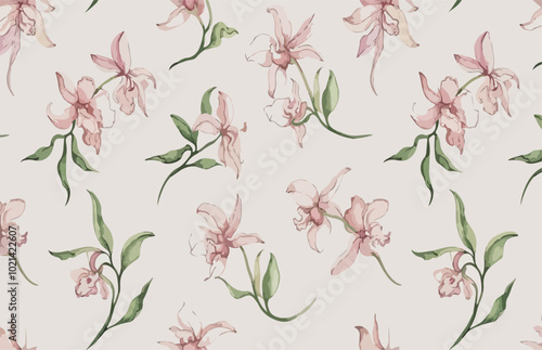 Dlicate watercolor orchids with soft pink petals, minimal leaves, scattered on a light beige background.eps