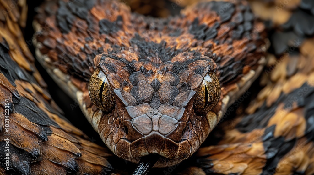 Close-up of a gaboon vipers broad, venomous fangs and striking camouflage pattern in focus. Close-up of a gaboon vipers broad, venomous fangs and striking camouflage pattern in focus.