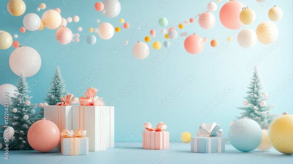 3D rendering of a holiday card with a festive pastel backdrop featuring gifts and a garland Contemporary minimalist podium for product displays and promotional purposes Joyful New Year banner 3D rendering of a holiday card with a festive pastel backdrop featuring gifts and a garland Contemporary minimalist podium for product displays and promotional purposes Joyful New Year banner