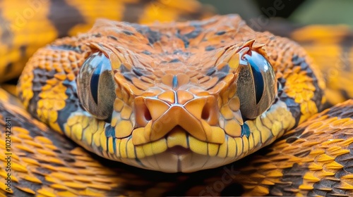 Close-up of a gaboon vipers broad, venomous fangs and striking camouflage pattern in focus. photo