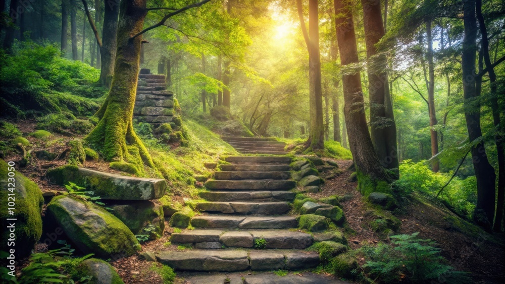 Stone Steps Leading Up Through a Sun Dappled Forest, Lush Greenery and Golden Light Filter Through the Trees Stone Steps Leading Up Through a Sun Dappled Forest, Lush Greenery and Golden Light Filter Through the Trees