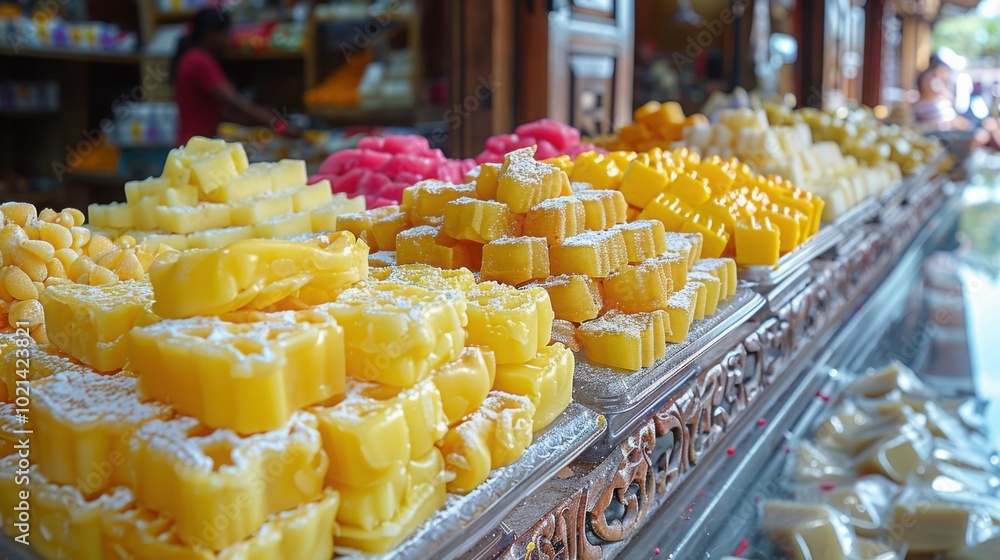 A variety of traditional sweets displayed in a bakery setting, featuring bright colors and intricate shapes for a festive presentation
A variety of traditional sweets displayed in a bakery setting, featuring bright colors and intricate shapes for a festive presentation
