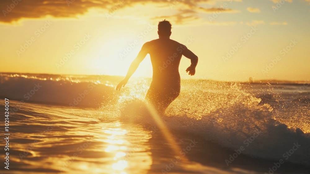 Silhouette of a Man Walking Through Golden Sunset Waves