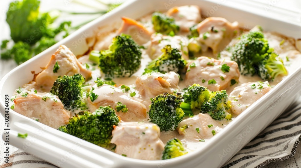A white dish with chicken and broccoli A white dish with chicken and broccoli