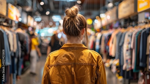 A woman in a yellow jacket is shopping in a clothing store