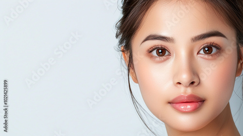 Close-up portrait of a beautiful woman with natural makeup and fresh skin in a studio setting 