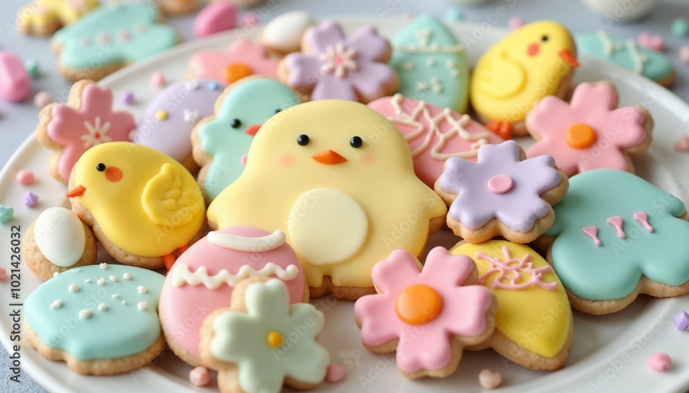 © Aira - Colorful Easter Cookies Shaped Like Chicks, Eggs, and Flowers, Festive Plate of Treats © Aira - Colorful Easter Cookies Shaped Like Chicks, Eggs, and Flowers, Festive Plate of Treats