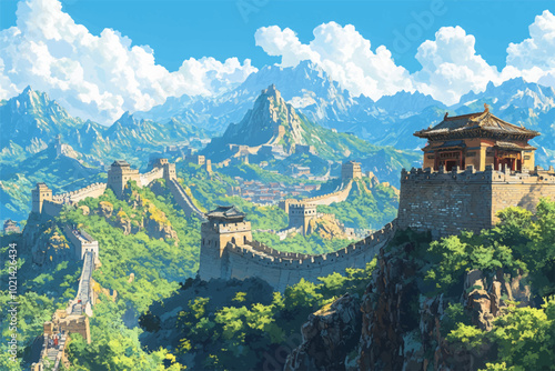 Vector illustration of a stunning image of the Great Wall of China snaking through green mountains, under a bright blue sky with fluffy white clouds