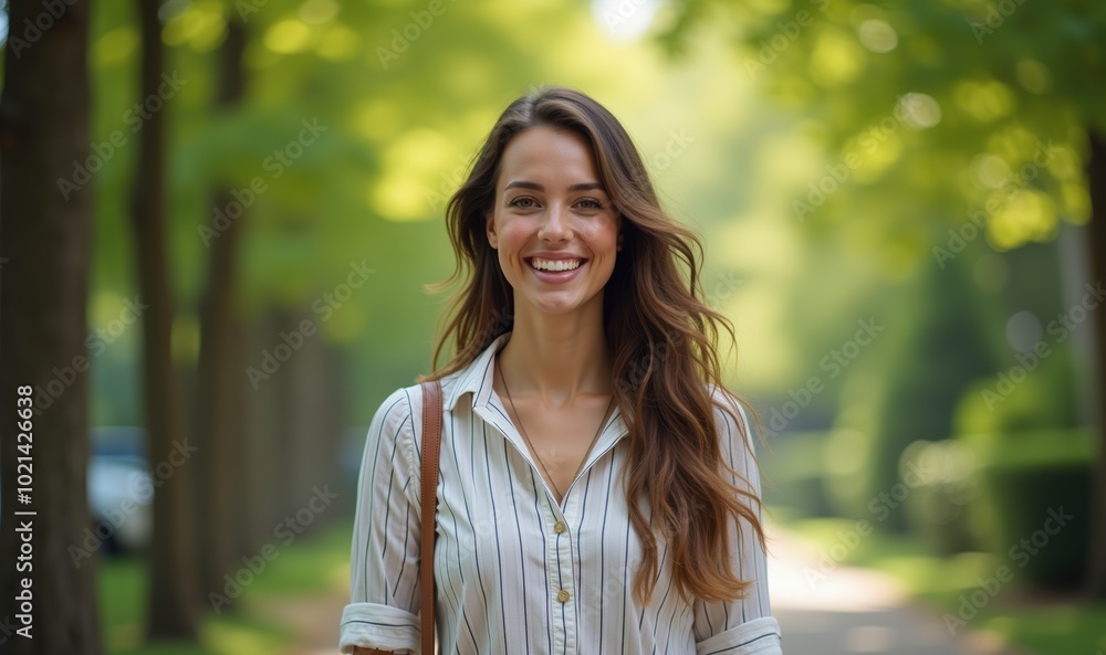 A joyful woman in a striped shirt smiles in a sunlit park, embodying happiness and confidence in a natural setting. A joyful woman in a striped shirt smiles in a sunlit park, embodying happiness and confidence in a natural setting.