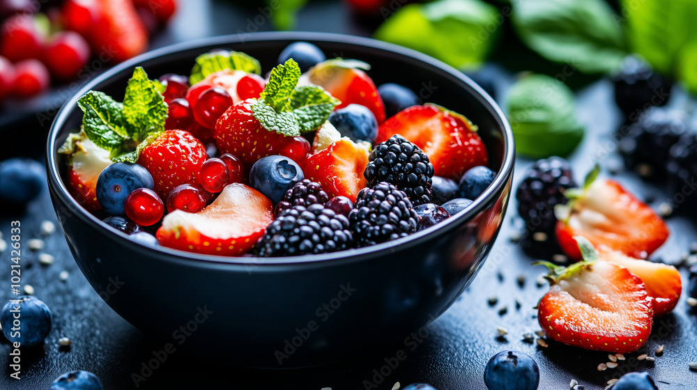 A black bowl overflowing with a colorful mix of fresh strawberries, blueberries, and blackberries. A black bowl overflowing with a colorful mix of fresh strawberries, blueberries, and blackberries.