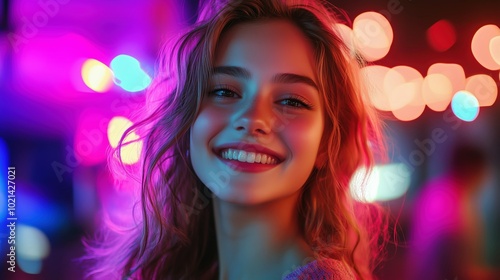 Modern teenage girl smiling vibrantly under colorful neon lights, perfect for lifestyle, portrait