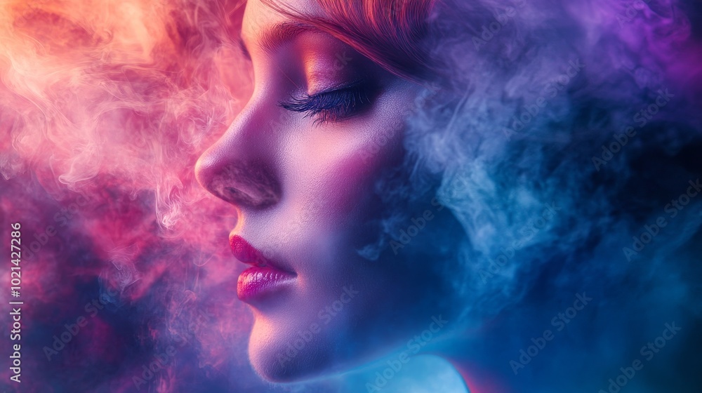 A Serene Moment Captured in Profile as Vibrant Colors Blend With Ethereal Smoke at Twilight A Serene Moment Captured in Profile as Vibrant Colors Blend With Ethereal Smoke at Twilight