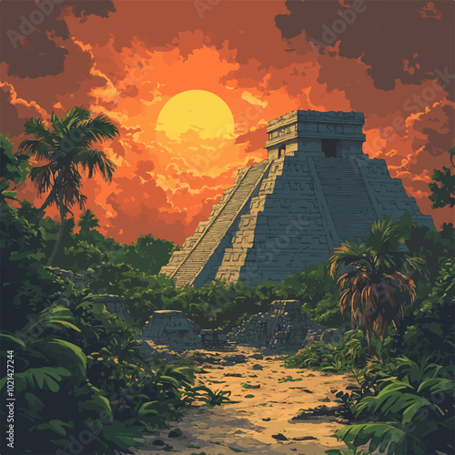 Vector illustration of a stunning depiction of an ancient Mayan pyramid at sunset, surrounded by lush jungle vegetation. 