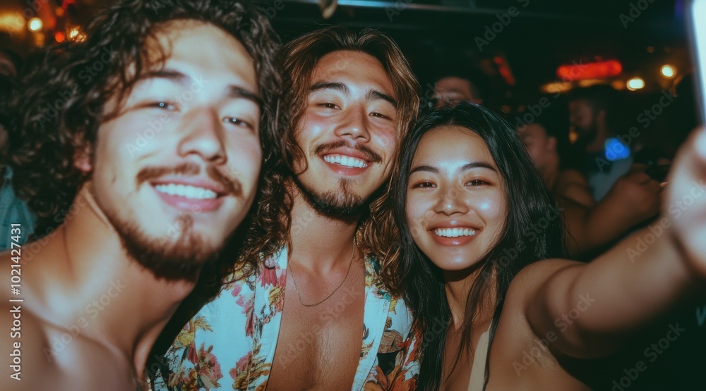 Three friends at a party smiling for a selfie, capturing a joyful moment of fun and celebration in a lively environment. Three friends at a party smiling for a selfie, capturing a joyful moment of fun and celebration in a lively environment.