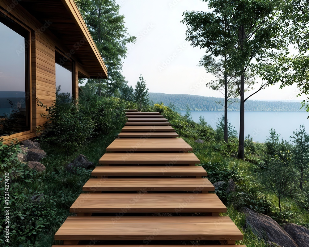 Render of an outdoor wooden staircase with rustic design, connecting a hillside cabin to the forest, outdoor stairs, natural wood design Render of an outdoor wooden staircase with rustic design, connecting a hillside cabin to the forest, outdoor stairs, natural wood design