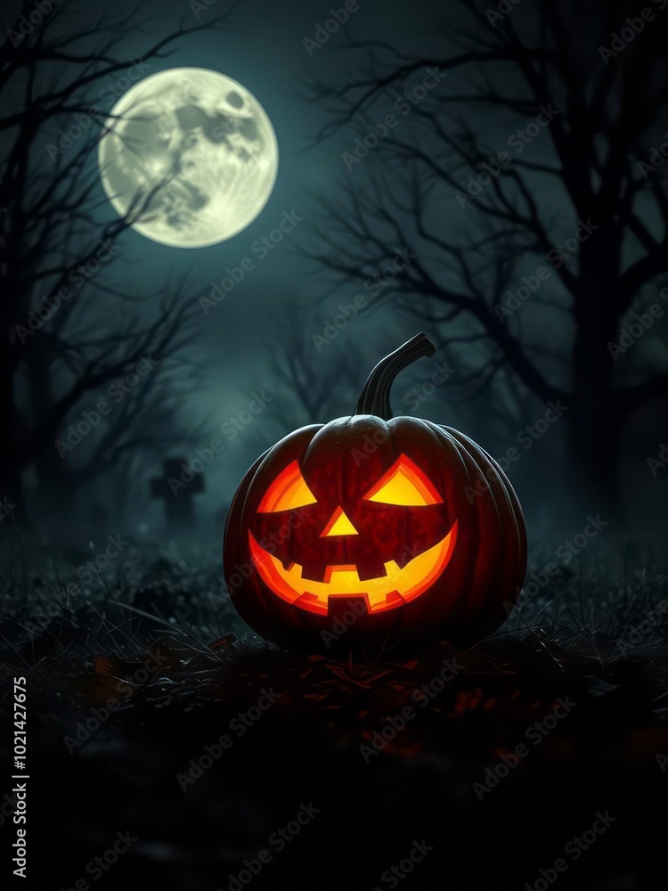 Jack 'o lantern in cemetery in spooky night with full moon - halloween halloween backdrop Jack 'o lantern in cemetery in spooky night with full moon - halloween halloween backdrop