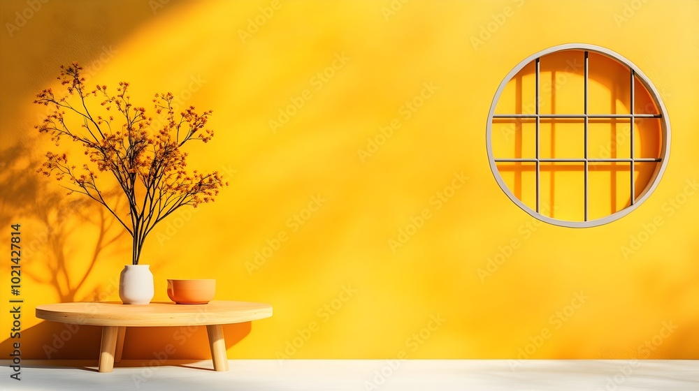 Minimalist 3D product demo dais with warm toned lighting and shadow overlay from window casting onto countertop in a clean vacant studio setting Ideal for product presentations advertising Minimalist 3D product demo dais with warm toned lighting and shadow overlay from window casting onto countertop in a clean vacant studio setting Ideal for product presentations advertising
