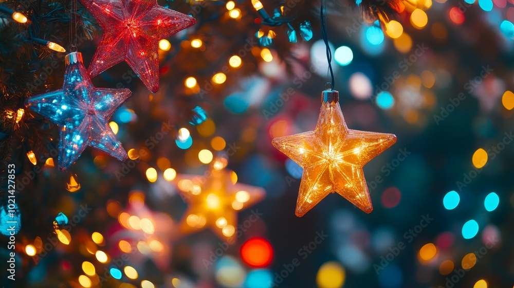Sparkling Star-Shaped Lights Illuminate a Festive Atmosphere During the Night in a Cozy Holiday Setting Sparkling Star-Shaped Lights Illuminate a Festive Atmosphere During the Night in a Cozy Holiday Setting