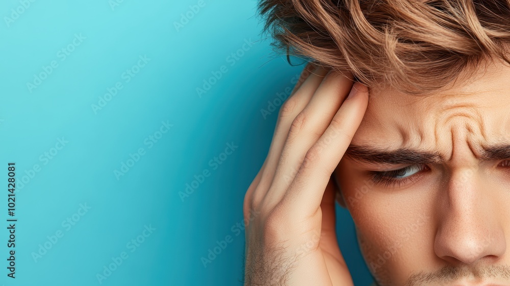 Naklejka premium A person with a furrowed brow and a tense expression, highlighting the physical manifestations of stress and pressure.