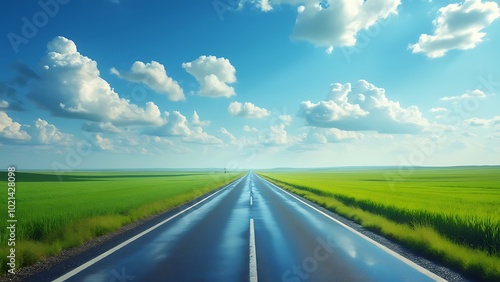 Summer blue sky and a straight road.