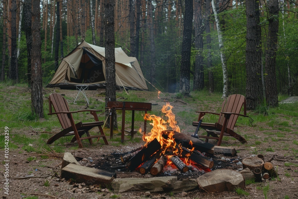 A group of chairs are set up around a fire pit in a forest, generative ai image A group of chairs are set up around a fire pit in a forest, generative ai image
