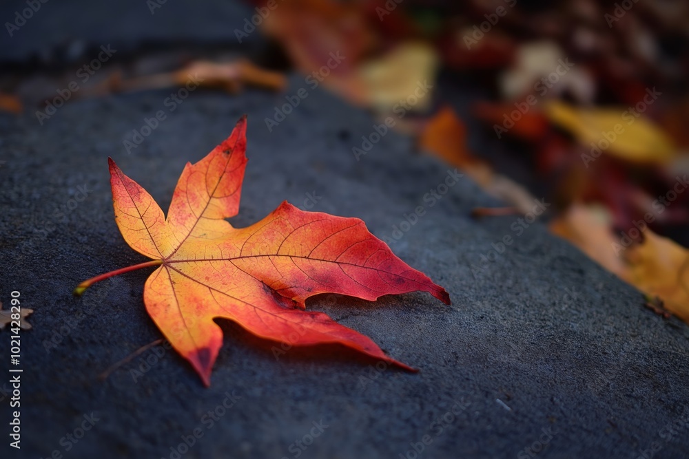 A single vibrant autumn leaf resting on a stone surface, embodying tranquility and the beauty of nature. A single vibrant autumn leaf resting on a stone surface, embodying tranquility and the beauty of nature.