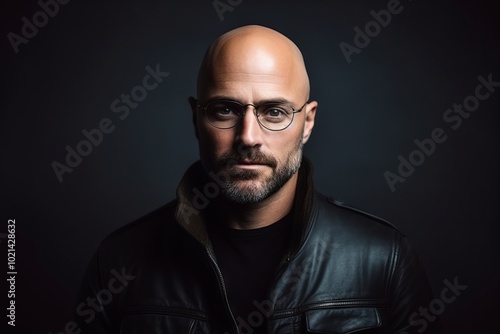 Portrait of a bald man in a leather jacket and glasses on a dark background