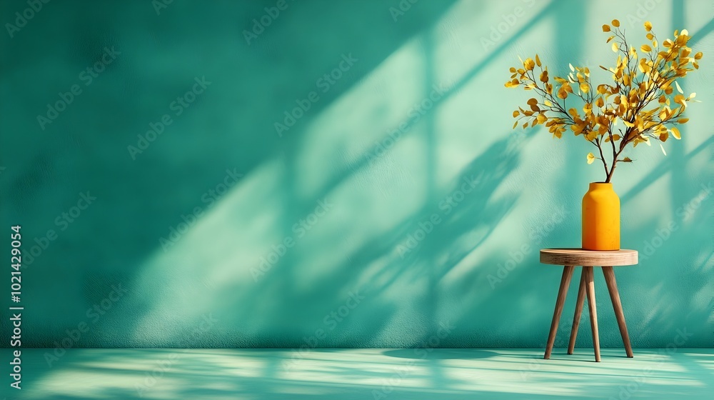 Fototapeta premium Minimalist 3D studio scene with mint green background and empty floor and wall Sunlit product podium display with window shadow overlay across countertop